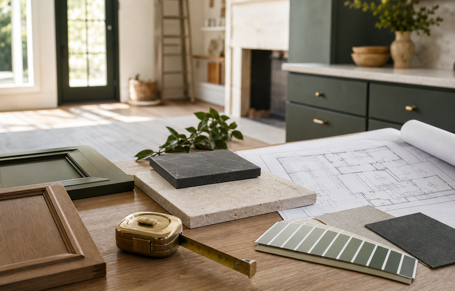 Cabinet samples, tile, paint swatches, and plans laid out for a home remodel